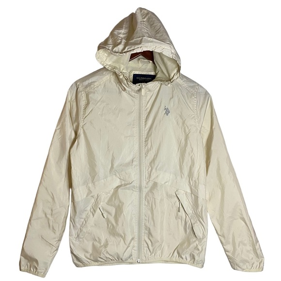 U.S. Polo Assn. White Lightweight Windbreaker Jacket Hooded Zippered Pockets M - Picture 1 of 16